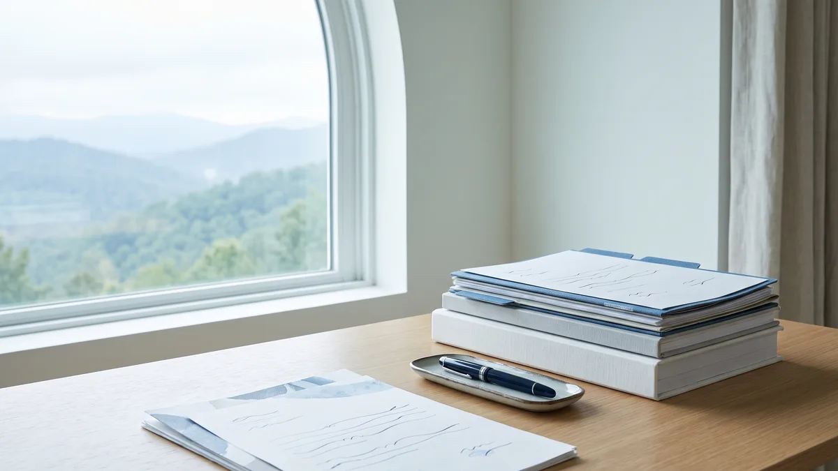 A law office desk with neatly stacked case files beside a window looking out on Tennessee scenery.