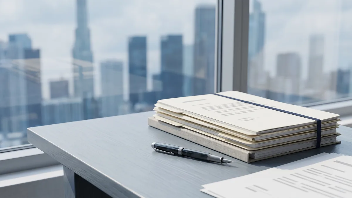 A law office desk with neatly stacked case files beside a window looking out on Texas scenery.