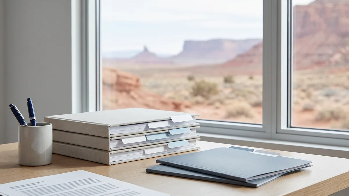 A law office desk with neatly stacked case files beside a window looking out on Utah scenery.