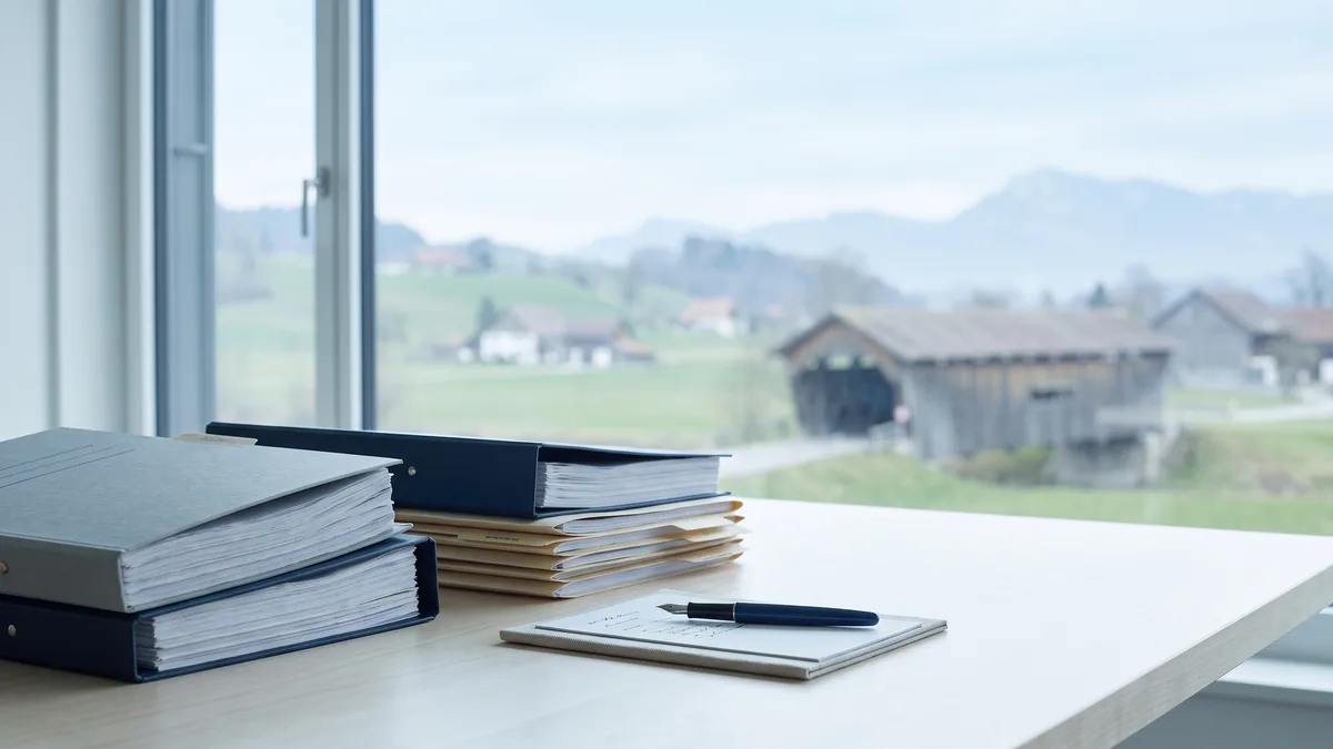 A law office desk with neatly stacked case files beside a window looking out on Vermont scenery.