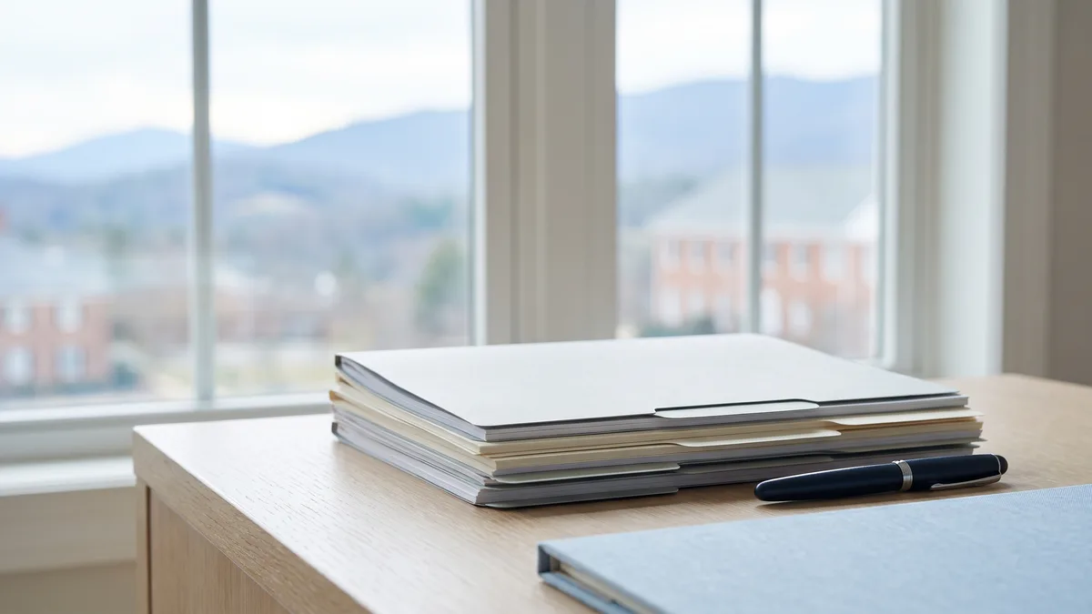 A law office desk with neatly stacked case files beside a window looking out on Virginia scenery.