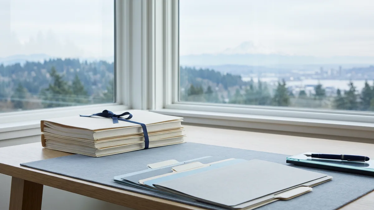 A law office desk with neatly stacked case files beside a window looking out on Washington scenery.