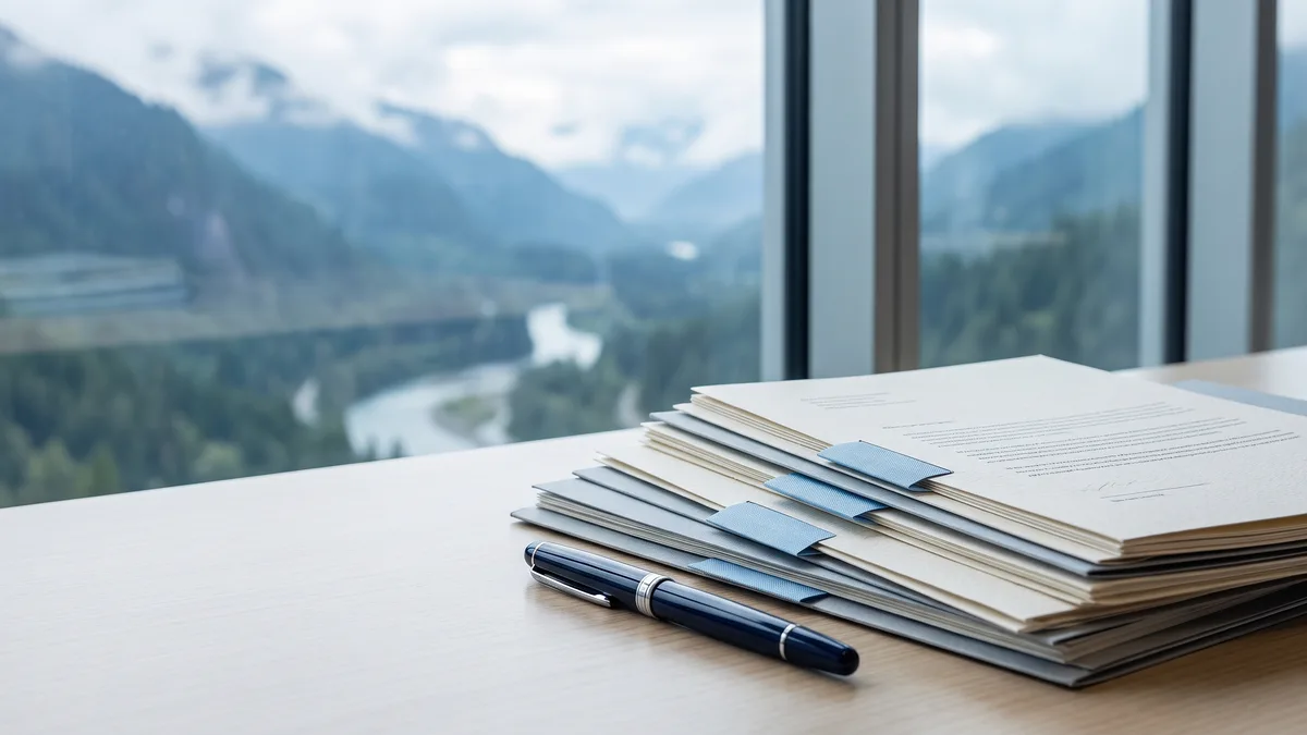 A law office desk with neatly stacked case files beside a window looking out on West Virginia scenery.