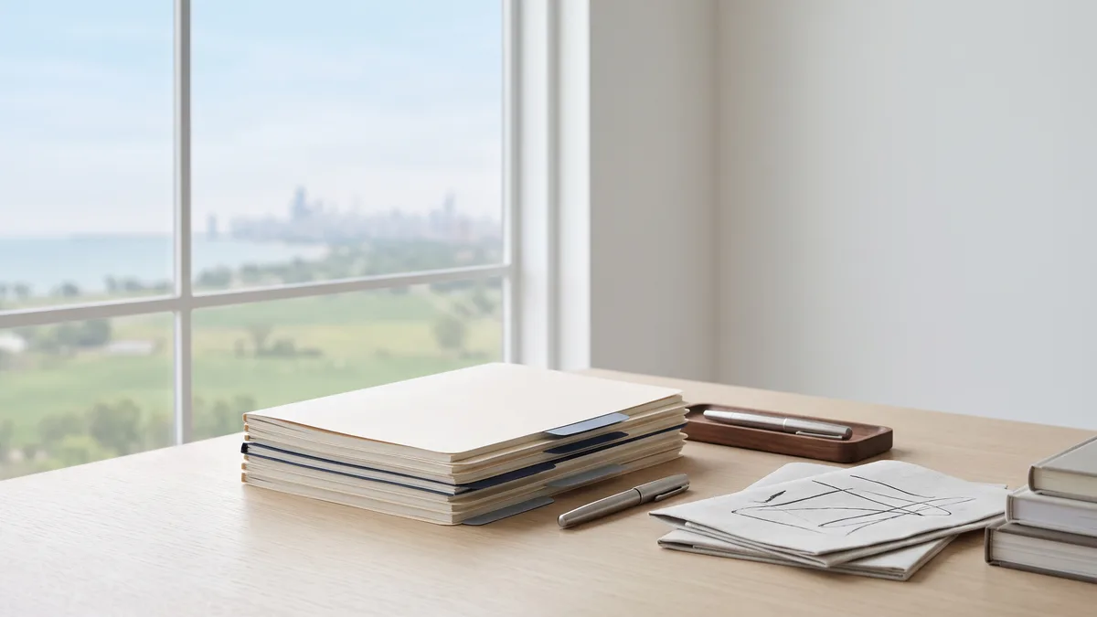A law office desk with neatly stacked case files beside a window looking out on Wisconsin scenery.