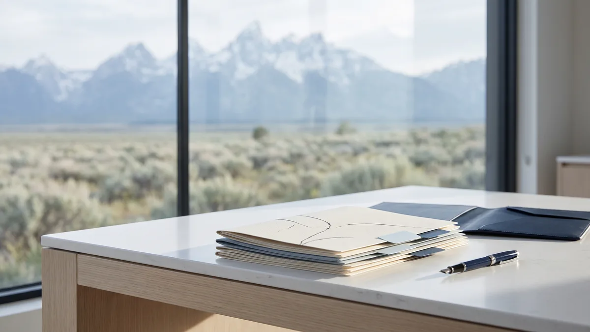 A law office desk with neatly stacked case files beside a window looking out on Wyoming scenery.